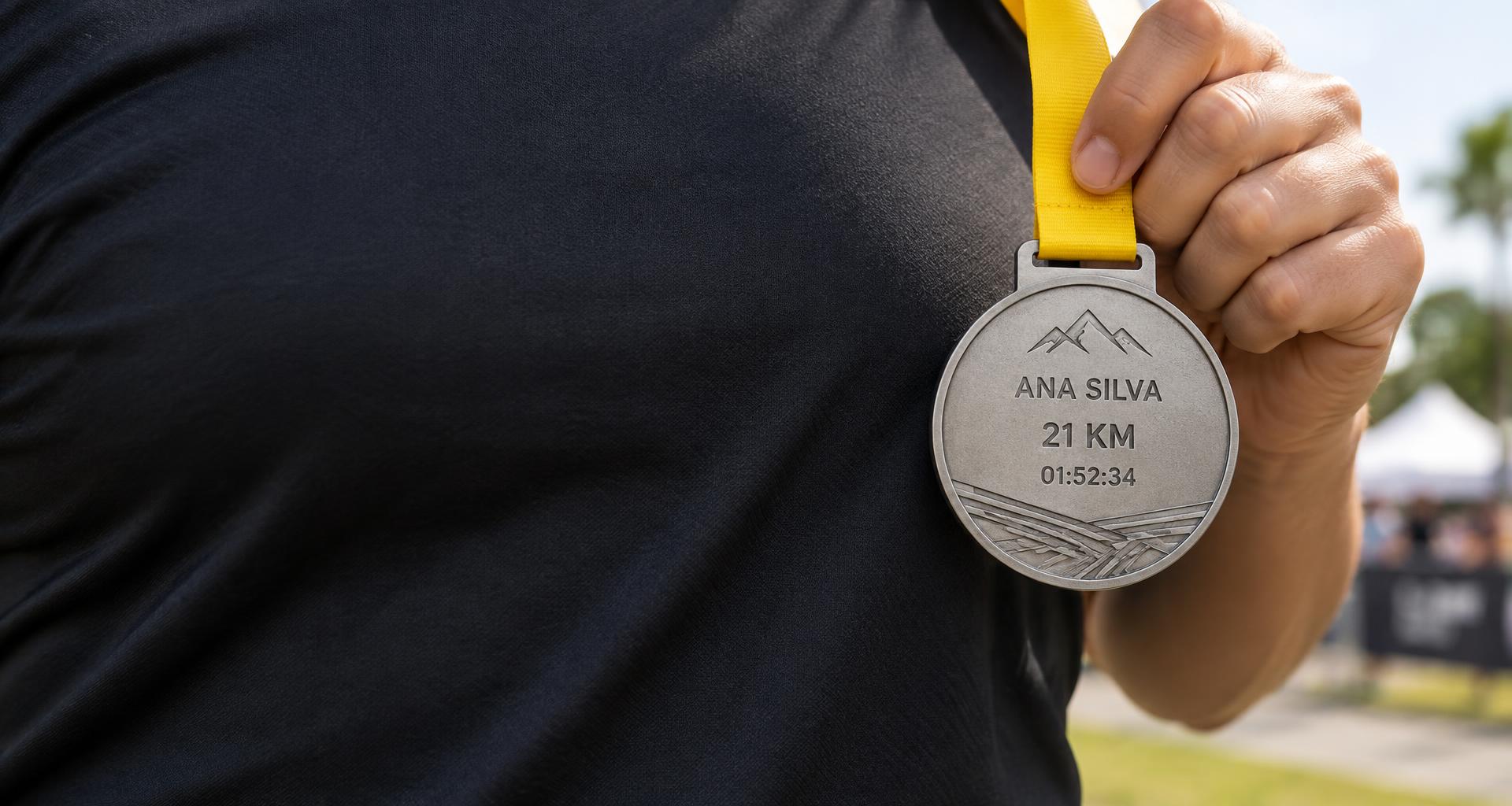 Imagem ilustrativa de atleta segurando medalha gravada com nome, distância e tempo de prova